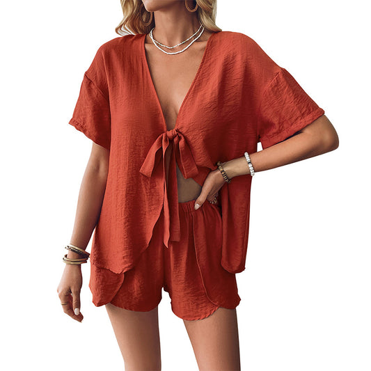 European and American women's fashion casual chest tie shirt shorts two-piece set for women